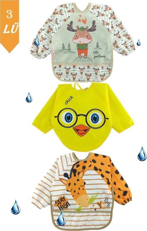 3 Adet Sıvı Geçirmez Zürafa Geyik Civciv Desen Bebek Mama Önlüğü 0-3 Yaş