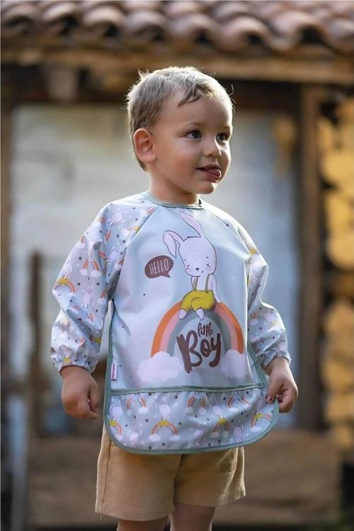 Unisex tavşan Baskılı 3-24 Aylık Mama Önlüğü Cepli Beslenme Önlüğü