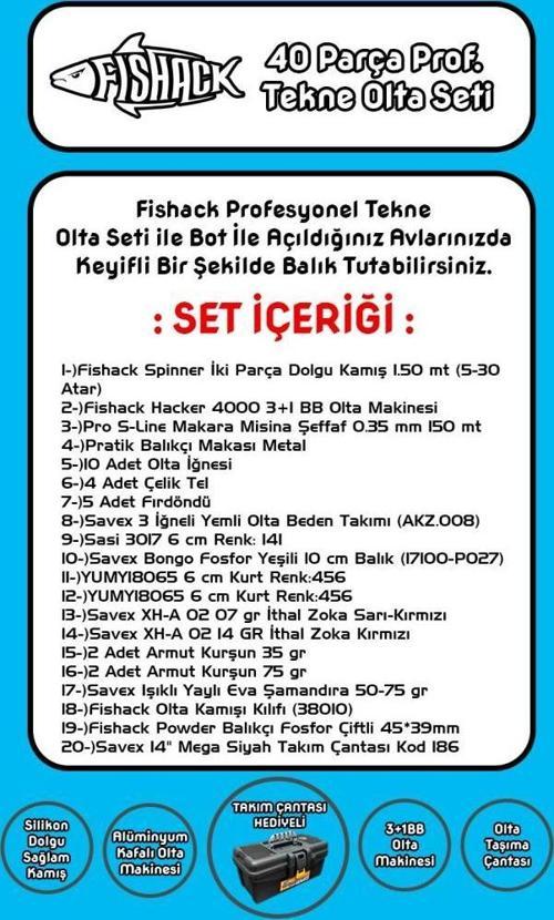 40 Parça Profesyonel Tekne Olta Seti - 1.50MT/3+1BB