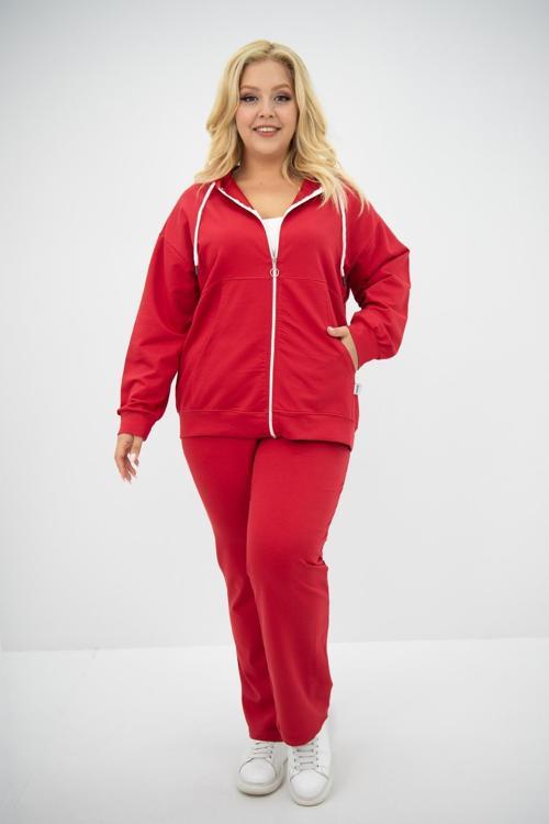 Kadın Büyük Beden Kapüşonlu Cep Detaylı Eşofman Takımı 8139-25 Kırmızı 3XL
