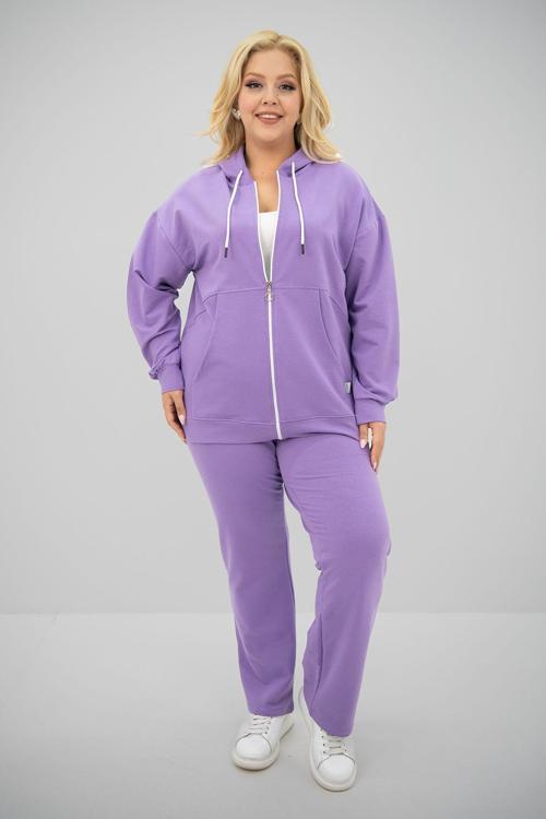 Kadın Büyük Beden Kapüşonlu Cep Detaylı Eşofman Takımı 8139-25 Lila XL