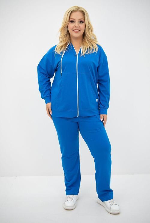 Kadın Büyük Beden Kapüşonlu Cep Detaylı Eşofman Takımı 8139-25 Saks Mavi 2XL