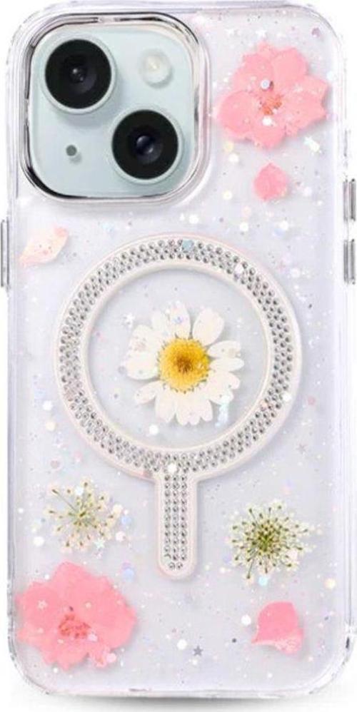 Apple iphone 15 Kılıf Magsafe Şarj Özellikli Çiçek Desenli Flower Kapak 