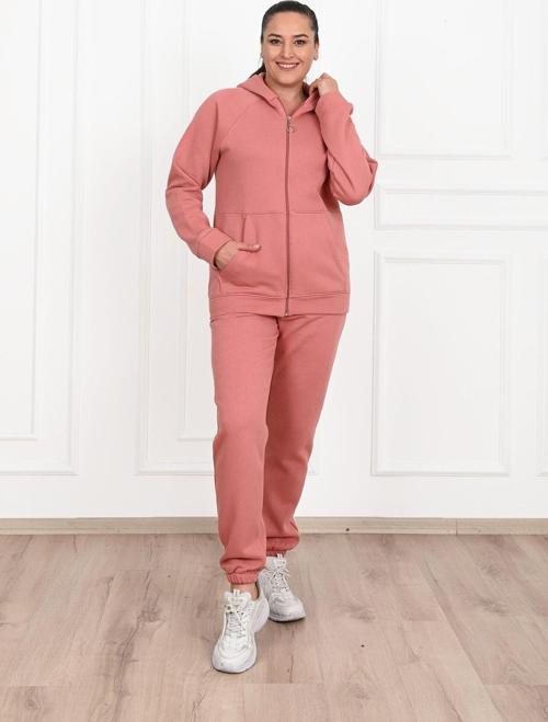 Fermuarlı Cep Detaylı Büyük Beden Eşofman Takımı 3601 Pembe 3XL