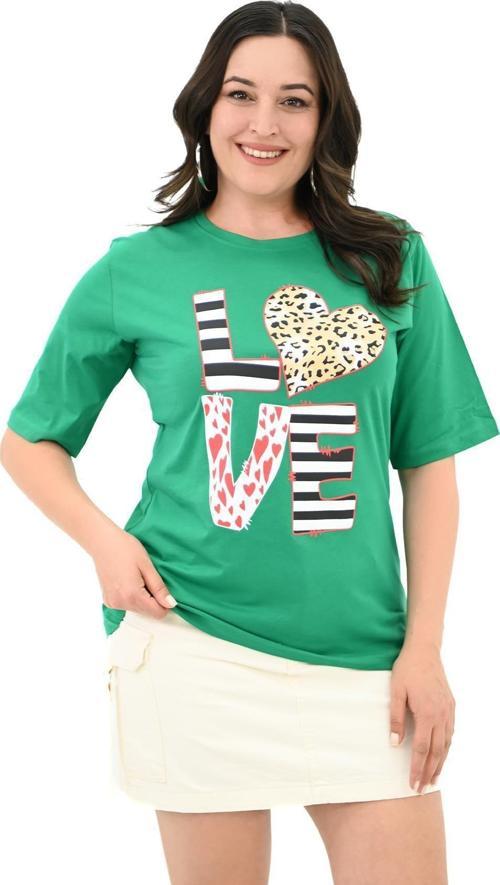 Kadın Büyük Beden Love Baskılı T-Shirt 1577-23 Benetton Yeşil 5XL