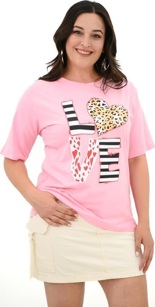 Kadın Büyük Beden Love Baskılı T-Shirt 1577-23 Pudra 4XL