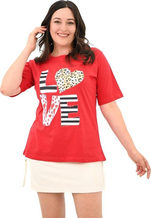 Kadın Büyük Beden Love Baskılı T-Shirt 1577-23 Kırmızı 2XL