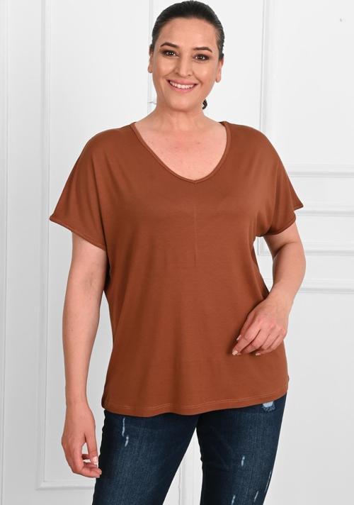 Kadın V Yaka Büyük Beden T-Shirt 1486-23 Kahverengi 6XL