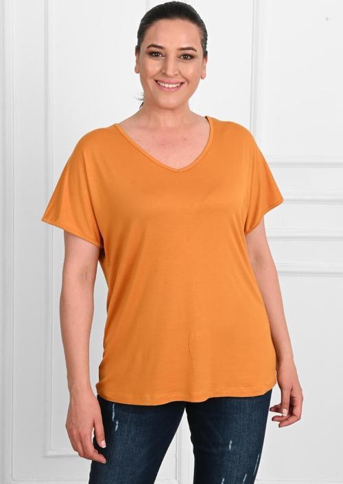 Kadın V Yaka Büyük Beden T-Shirt 1486-23 Hardal 2XL