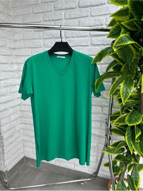 Kadın V Yaka Yırtmaçlı Büyük Beden T-Shirt 1199-22 Benetton Yeşil 3XL