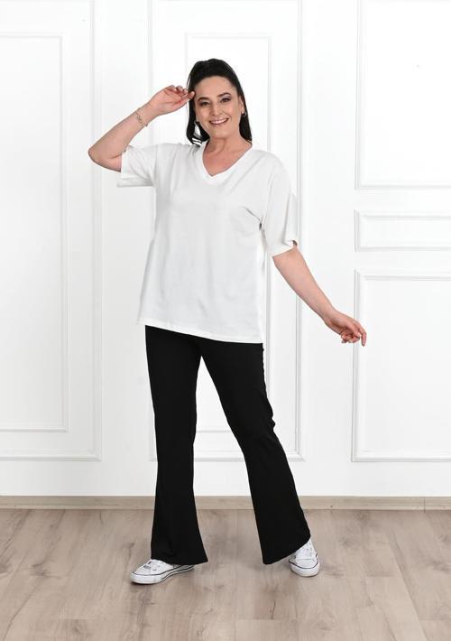 Kadın V Yaka Basic Büyük Beden T-Shirt 1297-22 Ekru 2XL