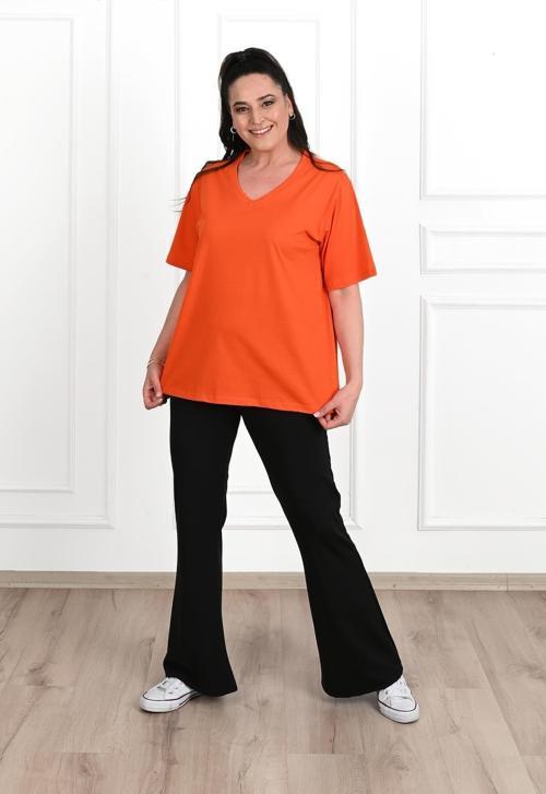 Kadın V Yaka Basic Büyük Beden T-Shirt 1297-22 Turuncu 6XL