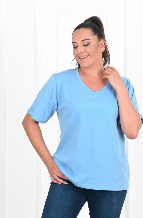 Kadın V Yaka Basic T-Shirt (1297) Mavi 6XL