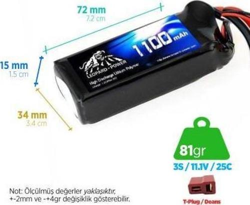 1100mAh 11.1V 3S 25C Lityum Polimer Lipo Batarya Pil T Plug