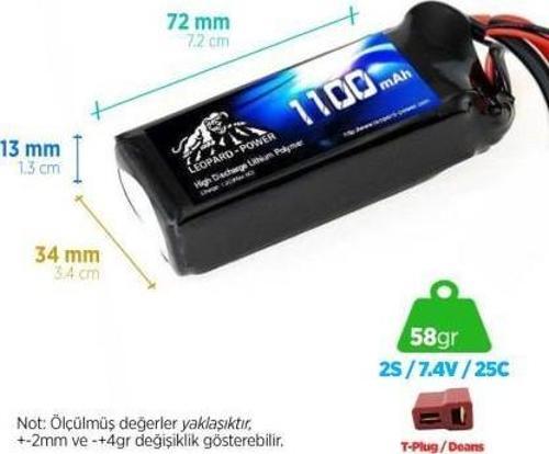 1100mAh 7.4V 2S 25C Lityum Polimer Lipo Batarya Pil T Plug
