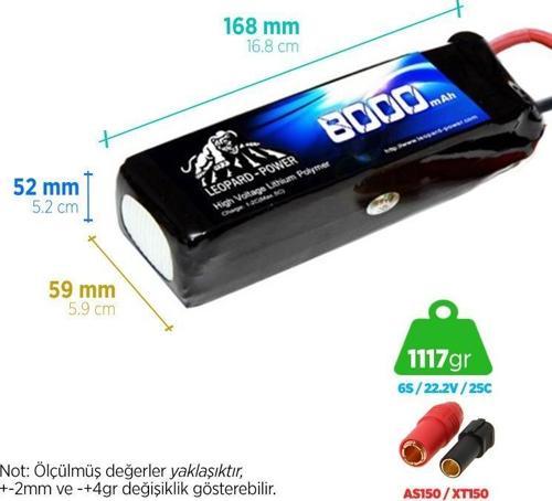 8000 mAh 22.2V 6S 25C UAV & Multirotor Lityum Polimer Lipo Batarya Pil XT150 Plug