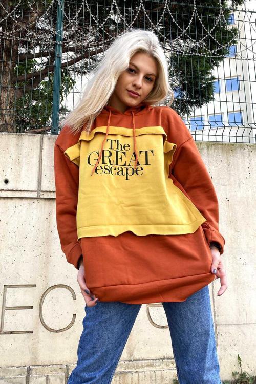 Uzun Kollu Collage Unisex Turuncu Oversize Sweatshirt