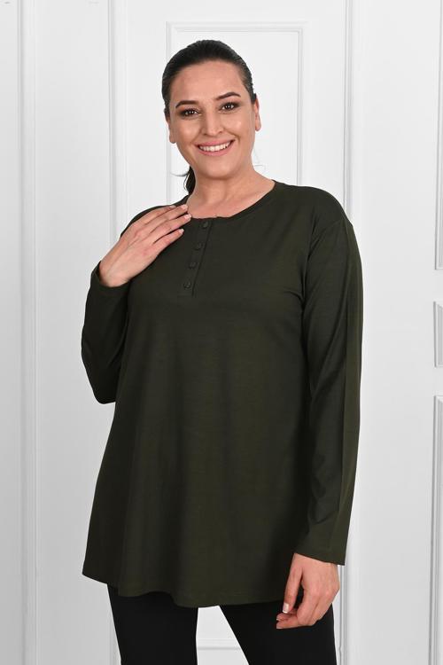 Kadın Düğme Detaylı Büyük Beden Bluz 1376-23 Haki 2XL