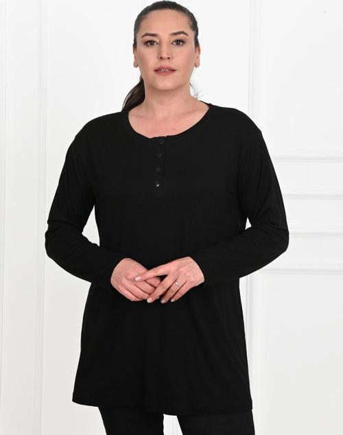 Kadın Düğme Detaylı Büyük Beden Bluz 1376-23 Siyah 2XL