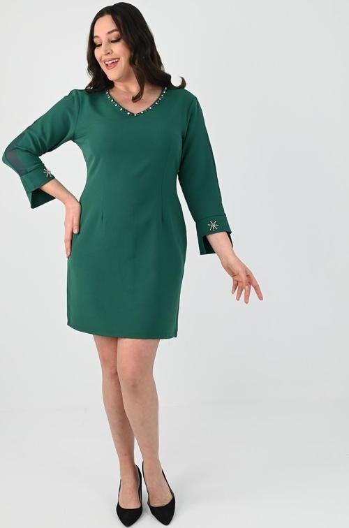 Kadın Büyük Beden Boncuk İşleme Detaylı Elbise 5201-25 Yeşil 3XL