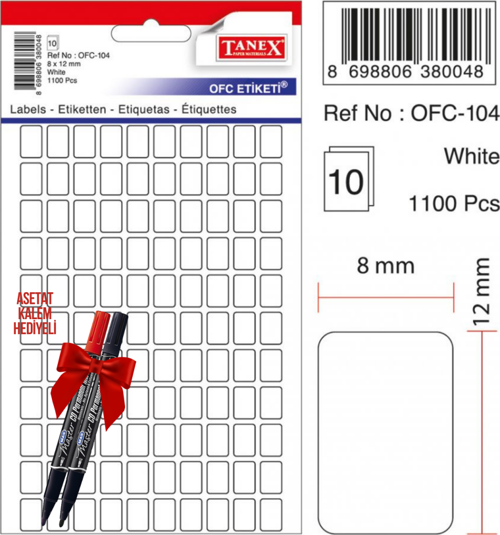 OFC-104 8x12 Mm Beyaz Ofis Etiketi 10 sayfa 2'li Asetat Kalem Hediyeli