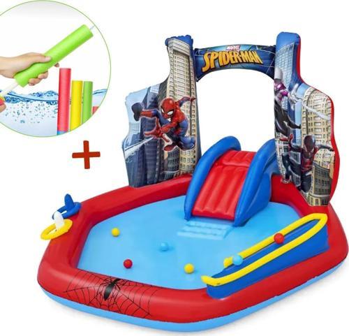 Su Pompalı-Bestway 98793 Spiderman Temalı Kaydıraklı Fıskiyeli AquaPark Şişme Eğlence Havuzu