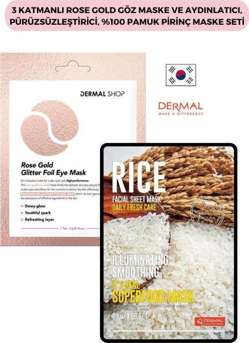 3 Katmanlı Rose Gold Göz Maske ve Aydınlatıcı, Pürüzsüzleştirici, %100 Pamuk Pirinç Maske Seti