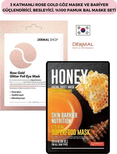 3 Katmanlı Rose Gold Göz Maske ve Bariyer Güçlendirici, Besleyici, %100 Pamuk Bal Maske Seti