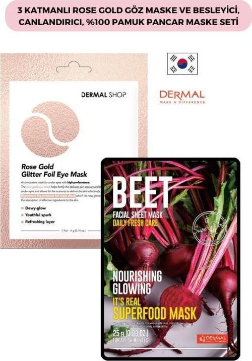 3 Katmanlı Rose Gold Göz Maske ve Besleyici, Canlandırıcı, %100 Pamuk Pancar Maske Seti