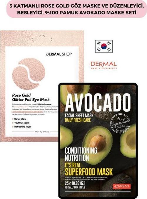 3 Katmanlı Rose Gold Göz Maske ve Düzenleyici, Besleyici, %100 Pamuk Avokado Maske Seti