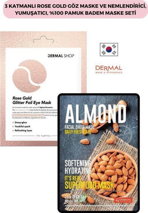 3 Katmanlı Rose Gold Göz Maske ve Nemlendirİci, Yumuşatıcı, %100 Pamuk Badem Maske Seti