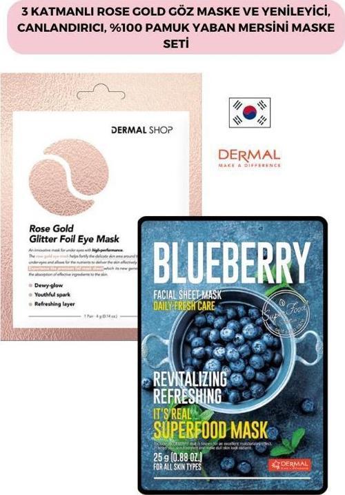 3 Katmanlı Rose Gold Göz Maske ve Yenileyici, Canlandırıcı, %100 Pamuk Yaban Mersini Maske Seti