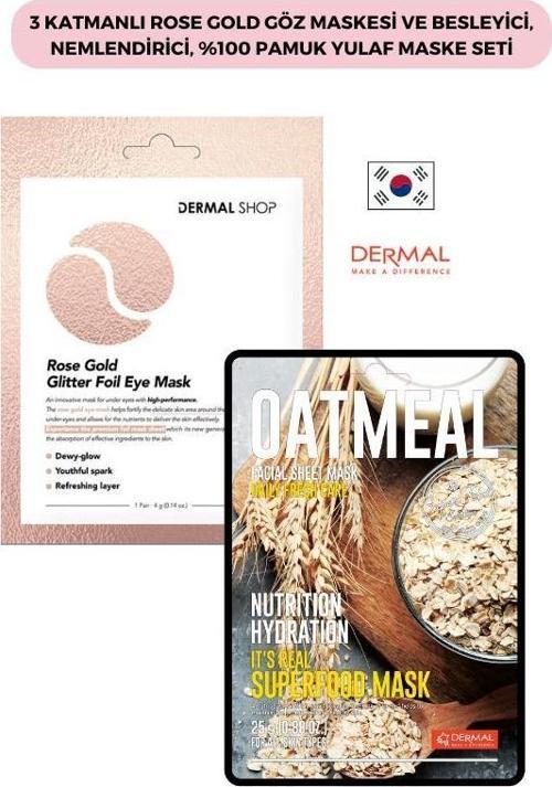 3 Katmanlı Rose Gold Göz Maskesi ve Besleyici, Nemlendirici, %100 Pamuk Yulaf Maske Seti
