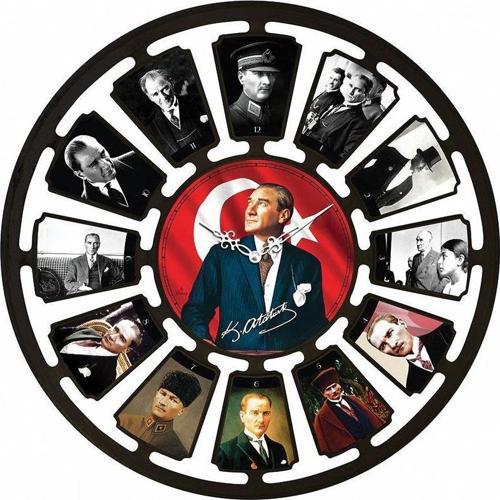 734 Serisi Atatürk Desenli Sessiz Akar Duvar Saati 50 cm