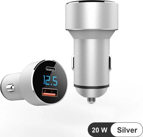 Silver Araç İçi USB 3.0 Type C Soketli 20 Watt Çakmaklık Güç Adaptörü Tüm Cihazlar 12V-24V