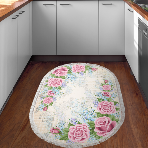 Alanur Trend Keçe Tabanlı Saçaklı Oval Mutfak Halı Mu174 Pudra