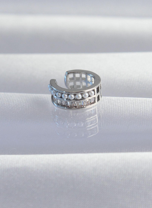 Pirinç Gümüş Renk İncili Baget Taşlı Earcuff Küpe