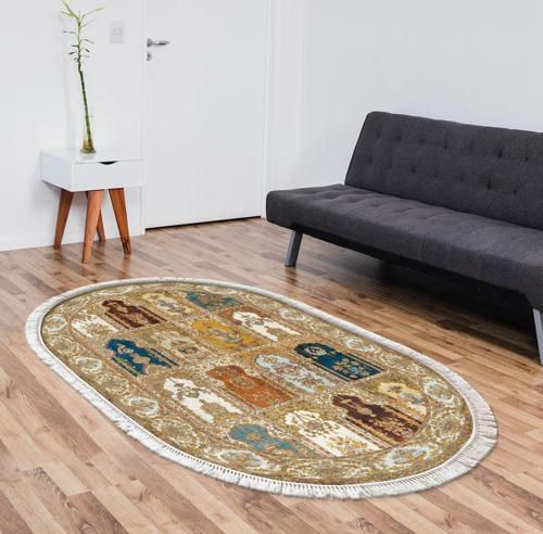 Alanur Yıldız Kaymaz Deri Tabanlı Saçaklı Dijital Halı Oval Multi