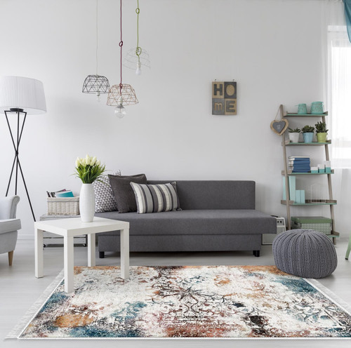 Alanur Trend Kaymaz Dod Tabanlı Saçaklı Dijital Halı Renkli