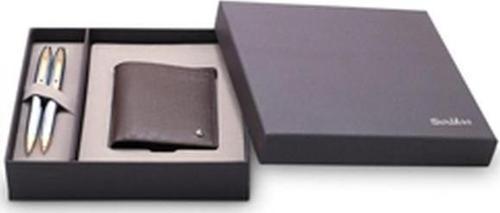Dr21062 35 Kahve Deri Cüzdan ve Gold Krom Tükenmez & Versatil Kalem Takımı