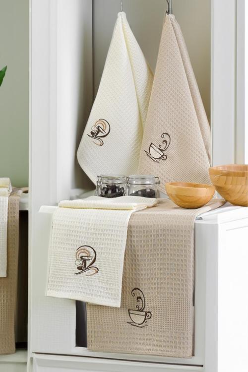 6'lı Nakışlı Kurulama Peçetesi Seti 40x60 cm Kahve  %100 Pamuk Yumuşak ve Emici