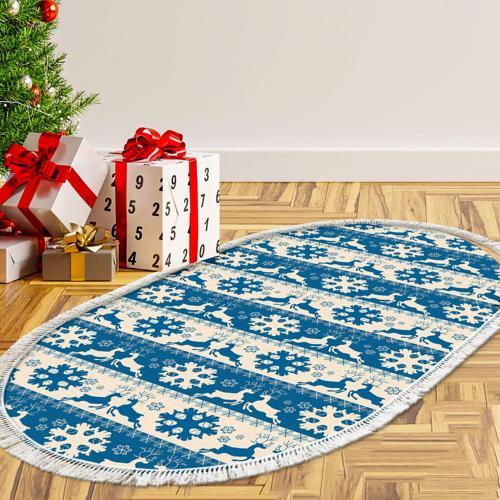 Yılbaşına Özel Pamuk Dijital Yıkanabilir Oval Halı Chr5M Mavi