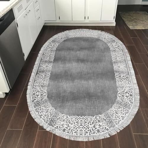 Kaymaz Taban Djt Mutfak Halısı Yıldız Deri Saçaklı Oval Modern 1460 Gri