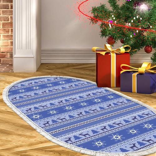 Yılbaşına Özel Keçe Dijital Yıkanabilir Oval Halı Chr9M Mavi