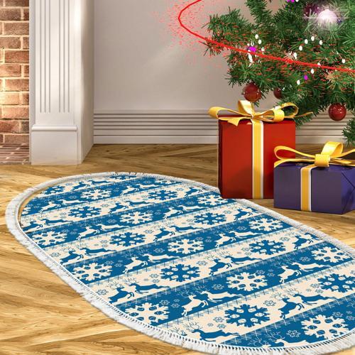 Yılbaşına Özel Keçe Dijital Yıkanabilir Oval Halı Chr5M Mavi