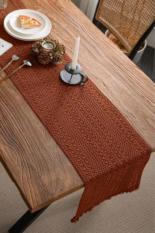 Pamuk Dantel Runner 35x145 cm Masa Örtüsü Kiremit