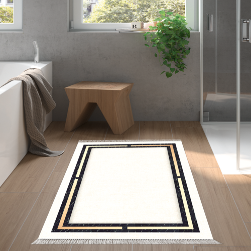 Kaymaz Taban Djt Banyo Halısı Yıldız Deri Saçaklı Modern F5006 Bej