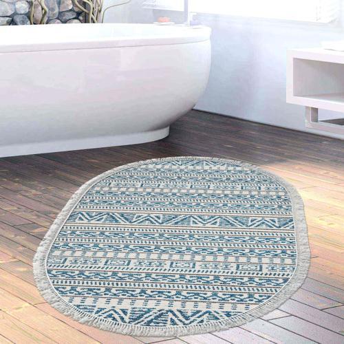 Kaymaz Taban Djt Banyo Halısı Yıldız Deri Saçaklı Oval İskandinav F5082 Lacivert