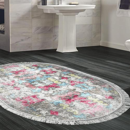 Kaymaz Taban Djt Banyo Halısı Yıldız Deri Saçaklı Oval Modern F5138 Renkli