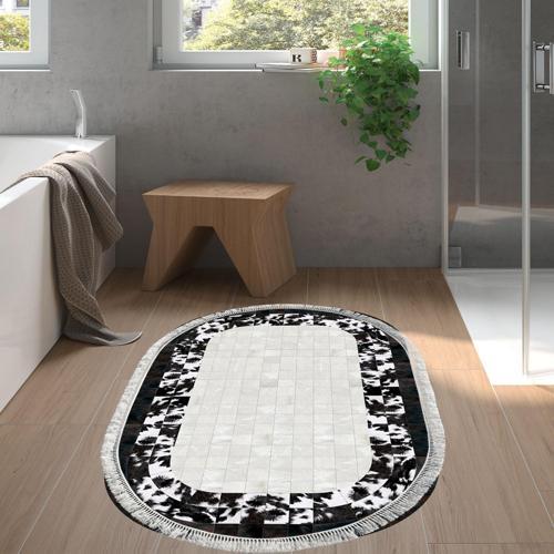 Kaymaz Taban Djt Banyo Halısı Star Pamuk Saçaklı Oval Modern 1495 Siyah